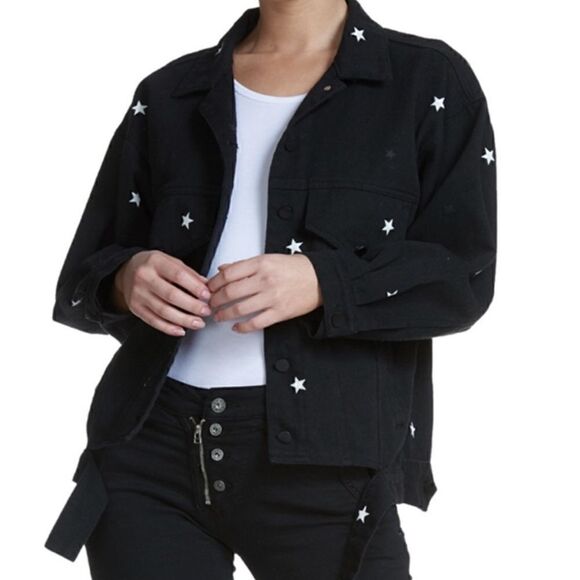 ELAN Denim Jean Jacket Star Print Women Size Medium Black White Oversized Pocket - Picture 1 of 8